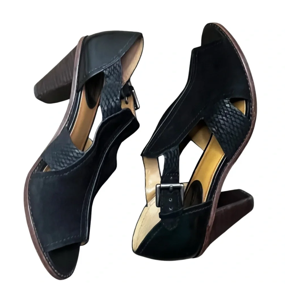 Trask black suede peep toe heels size 10
